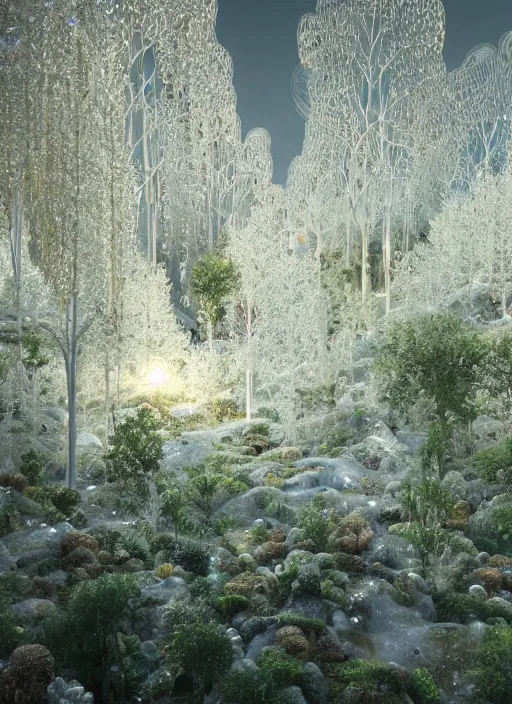 Prompt: beauteous sumptuous white pearlescent iridescent organic forest, crystal, gold, copper, bronze biomechanical with incredible iridescent pearlescent voluminous neon vegetation, crystalline masterpiece incrustations, hyperdetailed animals, movie still, intricate, octane render, cinematic forest lighting, unreal engine, crepuscular rays, god rays