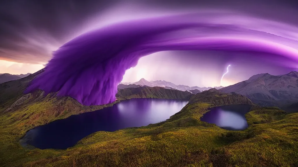 Image similar to amazing landscape photo of a funnel shaped purple tornado over mountains with lake in sunset by marc adamus, beautiful dramatic lighting