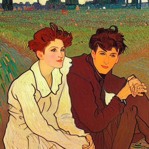 Image similar to painting of handsome young delicate beautiful jeffrey in his 2 0 s with brown hair and gorgeous rina together at the pumpkin patch in october, elegant, clear, painting, stylized, art, art by alphonse mucha, vincent van gogh, egon schiele