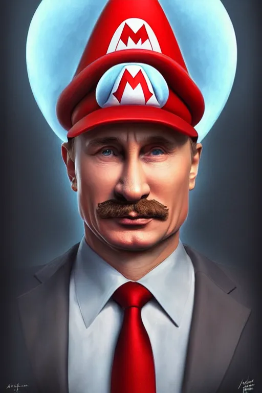 Image similar to vladimir putin as mario from super mario bros, realistic portrait, symmetrical, highly detailed, digital painting, artstation, concept art, smooth, sharp focus, illustration, cinematic lighting, art by artgerm and greg rutkowski and alphonse mucha