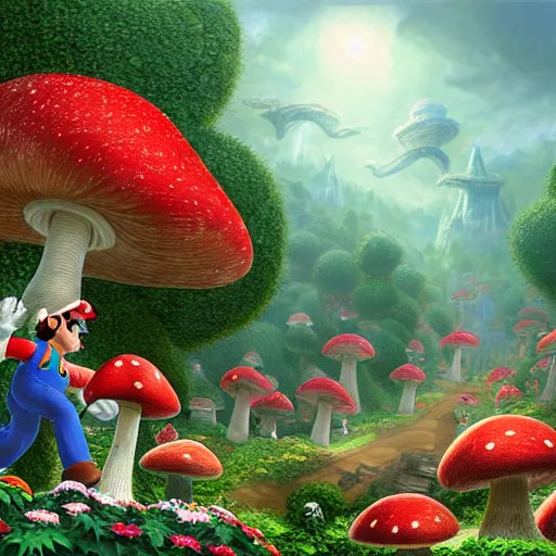 Prompt: A beautiful hyper detailed matte painting of a portrait of a mario, running through a hedge garden of exotic flowers in the Mushroom Kingdom, Mario Brothers Theme, Super Mario, giant mushrooms, and roses, from behind, streets, birds in the sky, sunlight and rays of light shining through trees, art by Ted Nasmith and Peter Mohrbacher, 4k unreal engine