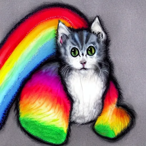 Image similar to wide angle full body, of a fluffy cute rainbow kitten wearing a black leather motorcycle jacket, concept art