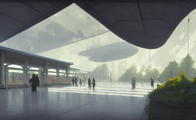Image similar to painting of a wide angle exterior shot of a white modern futuristic utopian train station in the middle of an english garden with cinematic lighting by peter zumthor and renzo piano, darek zabrocki and greg ruthkowski, alphonse mucha, simon stalenhag and cinematic and blue cold atmospheric, archillect concept art, artstation, trending on artstation