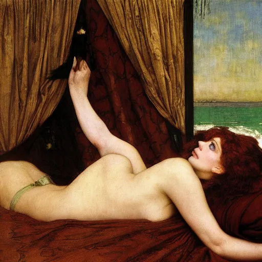Prompt: preraphaelite photography reclining on bed, a hybrid of a hybrid of judy garland and lady gaga and a hybrid of anne hathaway and liza minelli, aged 2 5, big brown fringe, wide shot, yellow ochre ornate medieval dress, john william waterhouse, kilian eng, rosetti, john everett millais, william holman hunt, william morris, 4 k