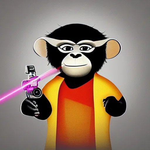 Image similar to “ portrait of a monkey in the style of kung fu panda holding laser gun, with a black background, digital art, award winning, trending on art station, retro style ”
