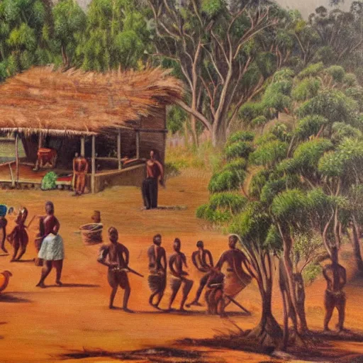 Prompt: a oil painting of a aboriginal australian village