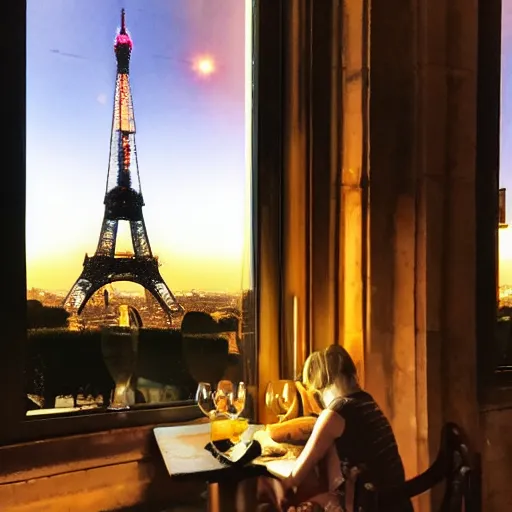 Image similar to a rabbit drinking wine in a cafe in Paris, the eiffel tower is visible in the background, it is night time, there are two humans sitting behind the rabbit