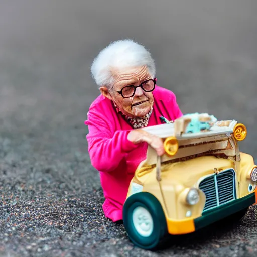 Image similar to elderly woman as a toy truck, canon eos r 3, f / 1. 4, iso 2 0 0, 1 / 1 6 0 s, 8 k, raw, unedited, symmetrical balance, wide angle