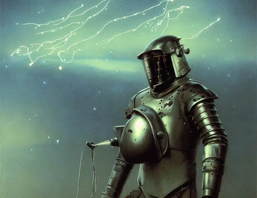 Prompt: a detailed portrait painting of a bounty hunter wearing combat armour and a reflective visor. Movie poster, cinematic sci-fi poster. Flight suit, cloth and metal, accurate anatomy. Samurai influence, knight influence. fencing armour. portrait symmetrical and science fiction theme with lightning, aurora lighting. clouds and stars. Futurism by moebius beksinski carl spitzweg moebius and tuomas korpi. baroque elements. baroque element. intricate artwork by caravaggio. Oil painting. Trending on artstation. 8k