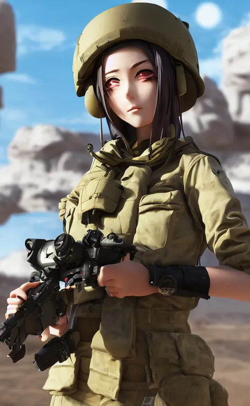 Prompt: portrait of a female soldier, highly detailed, high resolution, desert in the background, anime style, stunning, girls frontline style, bokeh soft, 3d rendering, guilty gear strive graphics, 100mm, trending on instagram, by professional photographer, realistic human anatomy, realistic military carrier, modern warfare, realistic weapon, shot with a arriflex 35 ii, low saturation, small eyes