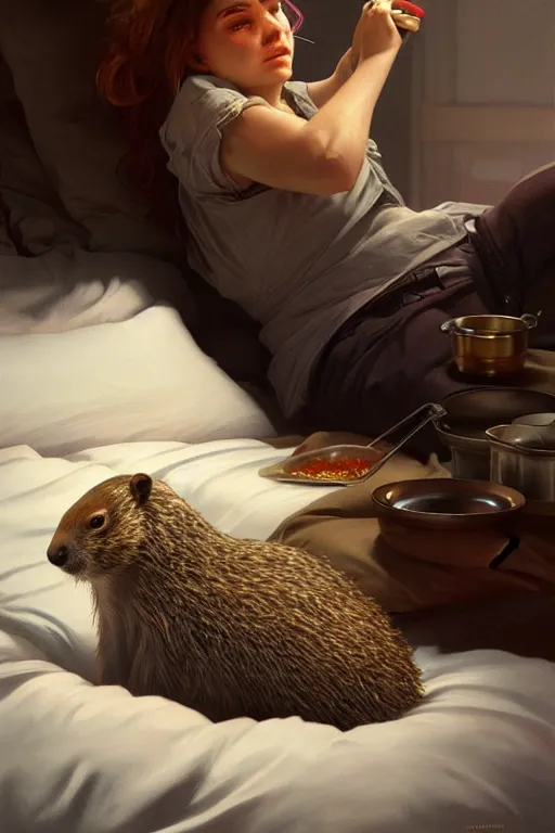 Image similar to groundhog cooking meth lies on the bed, realistic portrait, highly detailed, digital painting, artstation, concept art, smooth, sharp focus, illustration, cinematic lighting, art by artgerm and greg rutkowski and alphonse mucha