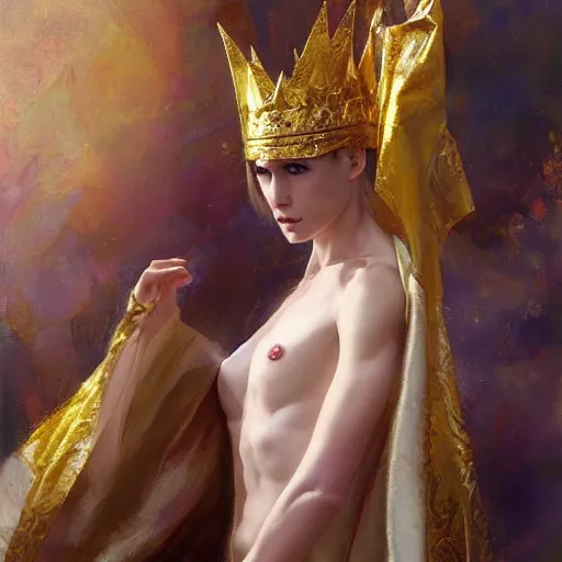 Image similar to hyperrealist portrait of an androgynous demon wearing silk robes and a golden crown. by daniel f. gerhartz, fantasy art, photo realistic, dynamic lighting