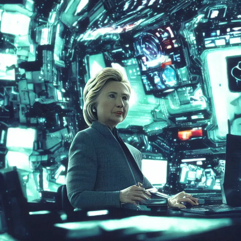 Prompt: detailed photo of hillary clinton hacking into futuristic cyberspace in a still from the cyberpunk movie the lawnmower man