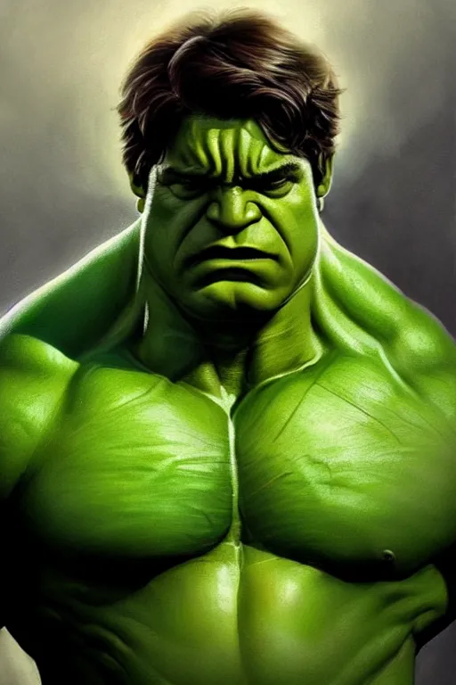 Image similar to Jim Halpert as Hulk, Hulk costume, Jim Halpert hairstyle, Hulk body type, Jim Halpert Face, calm, grumpy, portrait, masculine figure, highly detailed, digital painting, artstation, concept art, smooth, sharp focus, illustration, cinematic lighting, art by artgerm and greg rutkowski and alphonse mucha