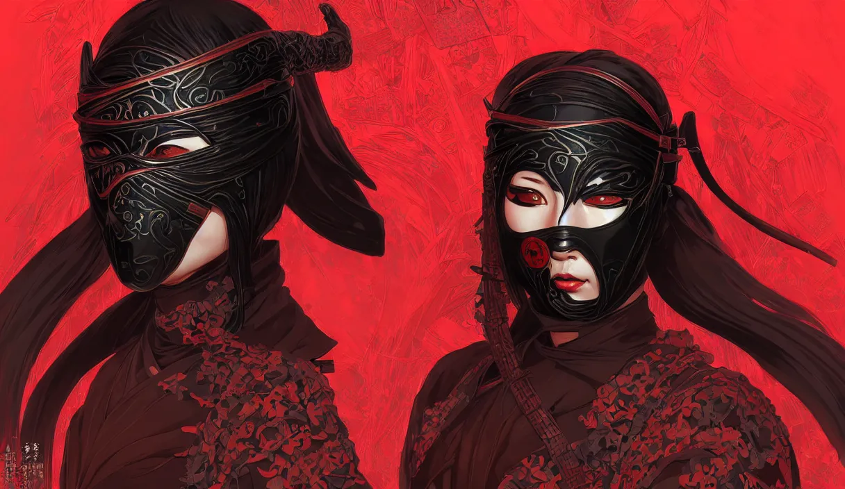 Image similar to portrait ninja mask ninja gaiden girl, black red color ninja wardrobe, in ruined yasukuni shrine, ssci - fi and fantasy, intricate and beautiful and elegant, digital painting, artstation, concept art, smooth and sharp focus, illustration, art by tian zi and wlop and alphonse mucha