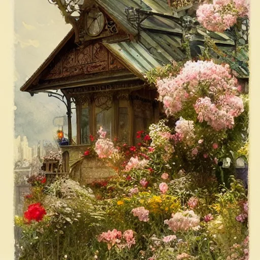 Image similar to a beautifull intricate watercolour painting of a victorian coffe house with many flowers and, reflexions, verry high details by william turner art, greg rutkowski and alphonse mucha, trending on artstation, very very detailed, masterpiece,