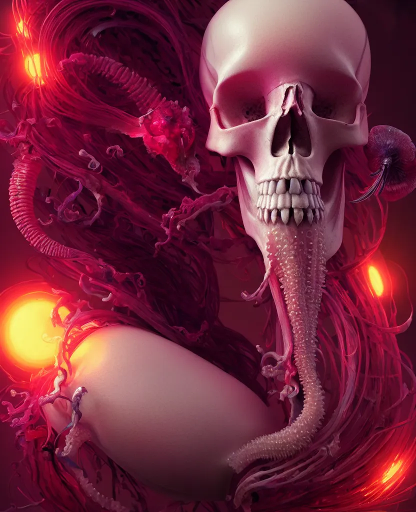 Image similar to goddess close - up portrait human skull, ram skull, squid phoenix jellyfish, orchid, betta fish, bioluminiscent, intricate artwork by tooth wu and wlop and beeple. octane render, trending on artstation, greg rutkowski very coherent symmetrical artwork. cinematic, hyper realism, high detail, octane render, 8 k