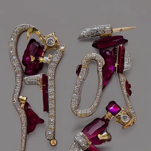 Prompt: an elegant set of dueling pistols decorated made from from giant carved rubies, diamonds and emeralds