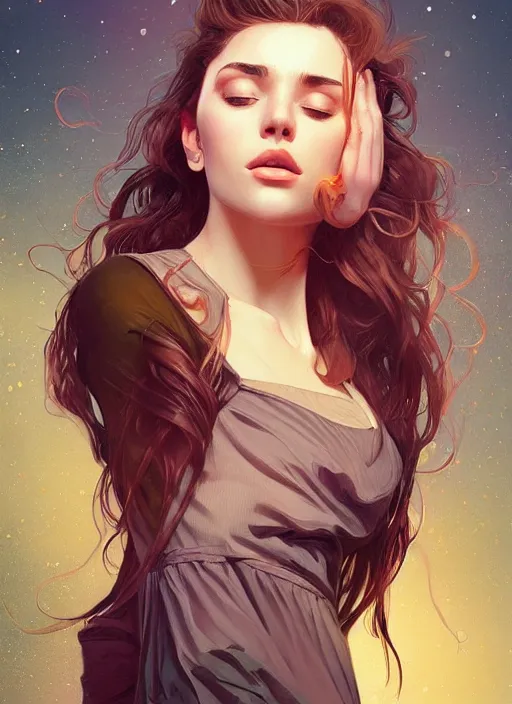 Image similar to handsome young women with shoulder length brown hair, half body shot, path traced, highly detailed, high quality, digital painting, alena aenami, lilia alvarado, shinji aramaki, karol bak, alphonse mucha, tom bagshaw