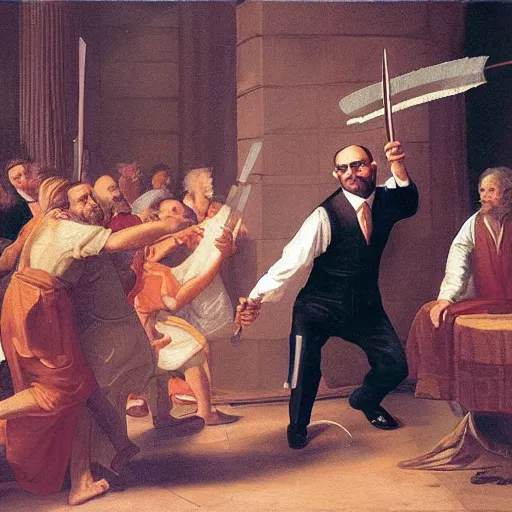 Image similar to former Federal Reserve chairman Ben Bernanke wielding a flaming sword, Renaissance painting