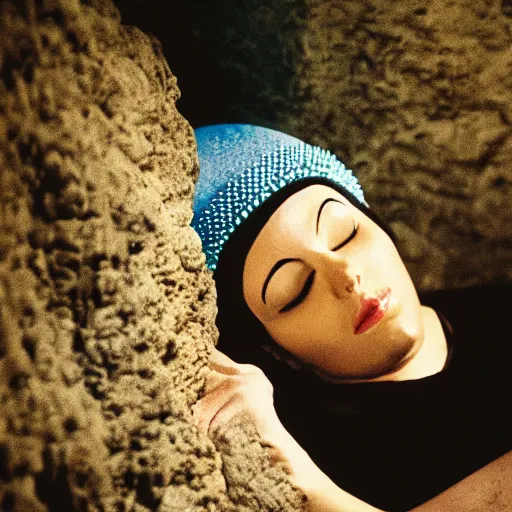 Prompt: Marge Simpson falling asleep in a cave, 35mm photograph