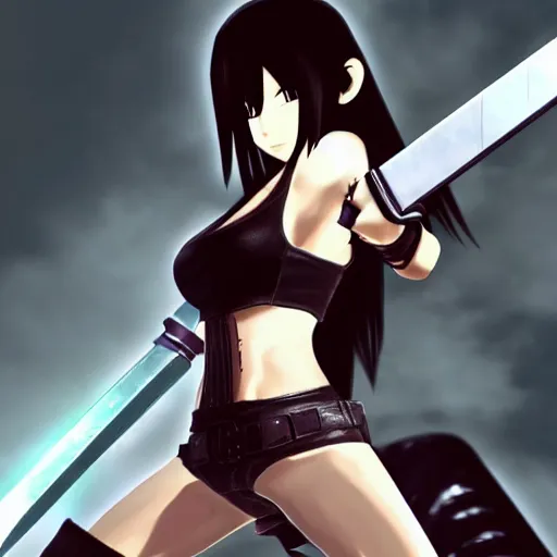 Image similar to beautiful tifa from ffvii wielding the buster sword, anime style