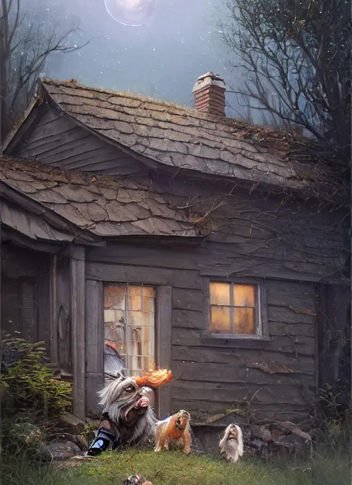 Image similar to highly detailed hyperrealistic painting of a blonde long - haired hillbilly in front of old rough house, with his fluffy black and gray australian shepherd, bonfire, stephen bliss, art by greg rutkowski, loish, rhads, ferdinand knab, makoto shinkai and lois van baarle, tom bagshaw, global illumination, artstation