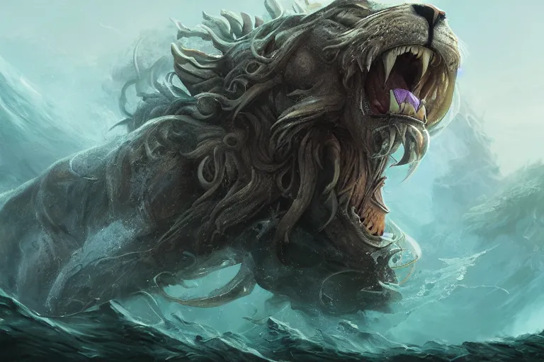 Image similar to the legendary island sized lion Cthulhu hybrid, made by Stanley Artgerm Lau, WLOP, Rossdraws, ArtStation, CGSociety, concept art, cgsociety, octane render, trending on artstation, artstationHD, artstationHQ, unreal engine, 4k, 8k,