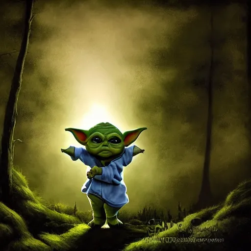 Image similar to high - angle view, shot from 5 0 feet distance, baby yoda on a well lit path in a dimly lit forest. dramatic clouds, setting sun. oil on canvas, digital art, light, shadow, contrast, detailed, depth, volume, chiaroscuro, drama, quiet intensity, realism