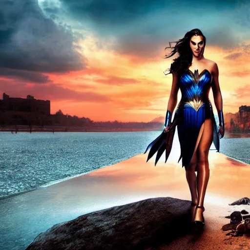 Image similar to Photo the beautiful woman Gal Gadot, she is posing, she is walking on a river, she is getting ulluminated by the rays of the sunset, the photo was taking by Steve McCurry, matte painting, oil painting, naturalism, 4k, 8k