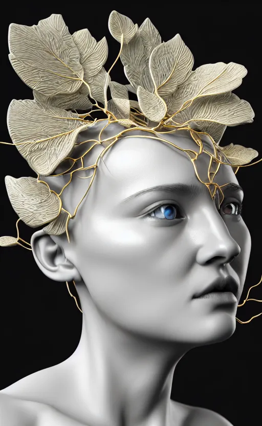 Image similar to complex 3d render of a beautiful porcelain profile woman face, vegetal dragon cyborg, 150 mm, beautiful natural soft light, rim light, silver gold details, magnolia leaves and stems, roots, fine lace, maze like, mandelbot fractal, anatomical, facial muscles, cable wires, microchip, elegant, highly detailed, white metallic armour, octane render, black and white, H.R. Giger style