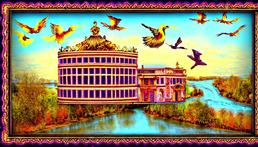 Prompt: HDR high resolution. a stand-alone building along a river, seen from the long distance. maximalist mixed media paper and baroque embroidery fabric collage. huge flamish baroque birds flying. childrenbook illustration in pastel tones. matte background. HD 8x