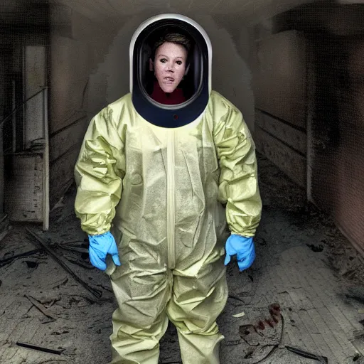 Image similar to news reporter in a hazmat suit 1 9 9 0 s news found footage of an abandoned soviet downtown with a humanoid scp hidden in background, liminal space, backrooms, scp, film grain, rundown, eerie, dark lighting, 3 5 mm, realistic, photograph, hazmat suits, foggy, silent hill style, detailed, hyperrealistic