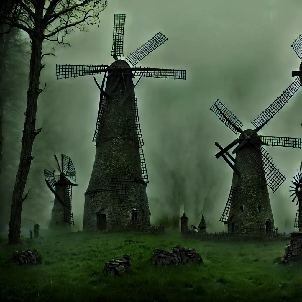 Prompt: evil hags with green skin, bones, old stone windmill, forest background, a detailed matte painting, fantasy, foggy, dark, 8 k