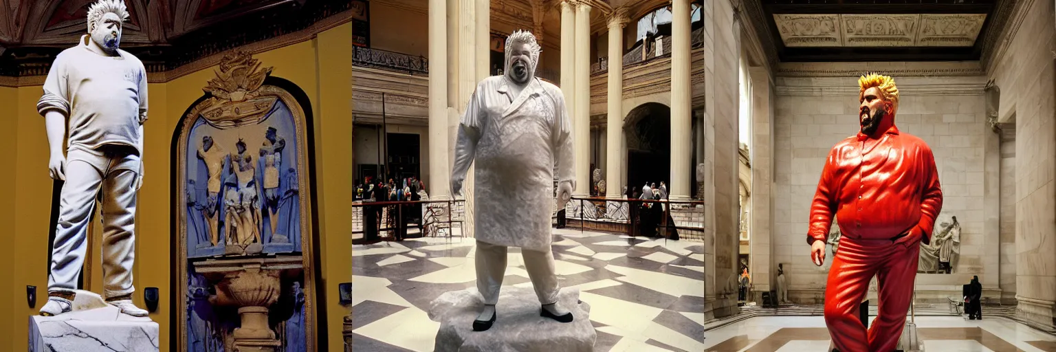 Prompt: A monumental marble sculpture of Guy Fieri, in the middle of a palace atrium, F 2.8, 85mm Velvia 100, natural lighting, museum catalog photography