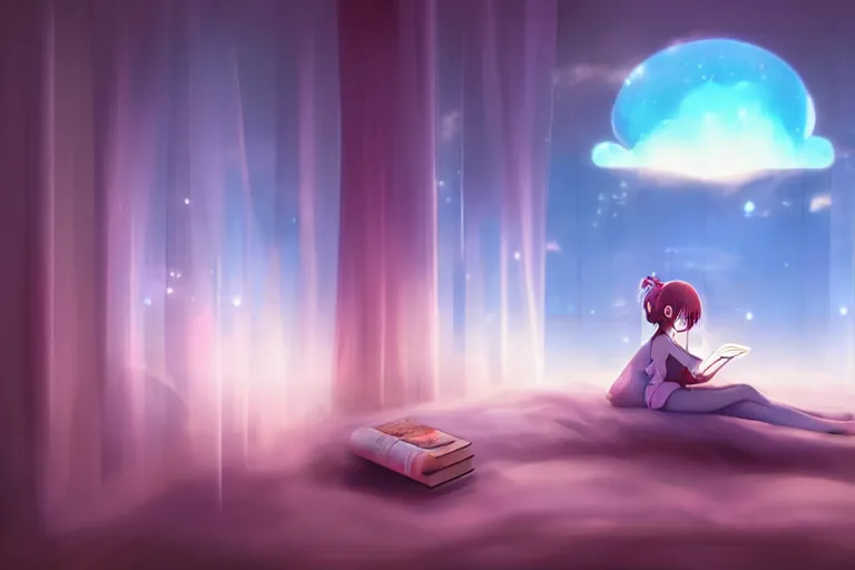 Image similar to a cute anime girl reading a book on a cloud relaxing, misty, glows, digital art, hazy, foggy, ambient lighting, 8 k, neon, synthwave,