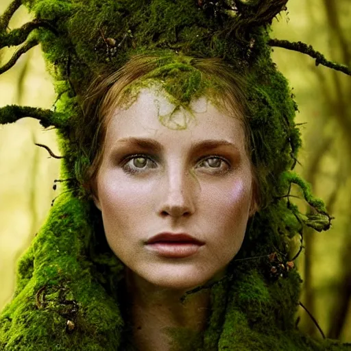 Image similar to beautiful portrait of a forest dryad, her skin made of moss, flowers growing from her head, golden sunlight, extremely detailed, hyperrealistic, photo by annie leibovitz, masterpiece, award-winning