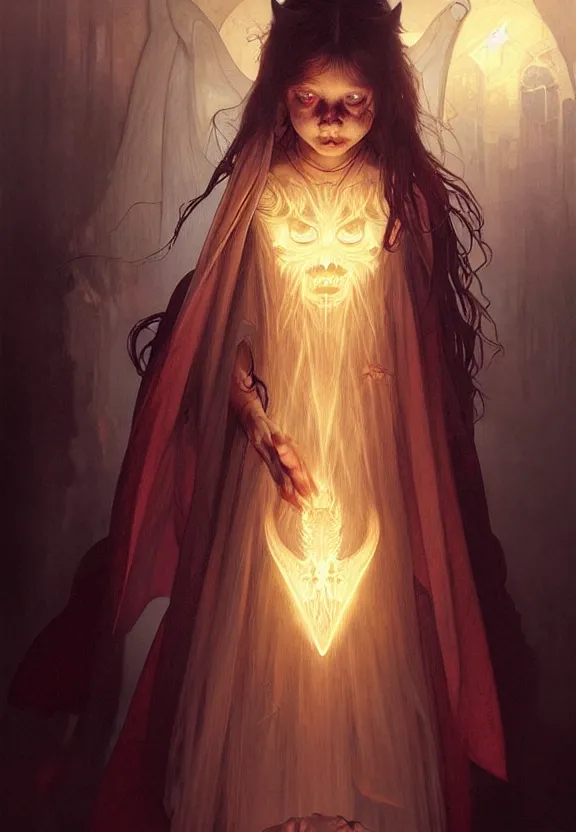 Image similar to child possessed by a demon, excorcist, fantasy magic, dark light night, intricate, elegant, sharp focus, illustration, highly detailed, digital painting, concept art, matte, art by wlop and artgerm and greg rutkowski and alphonse mucha, masterpiece