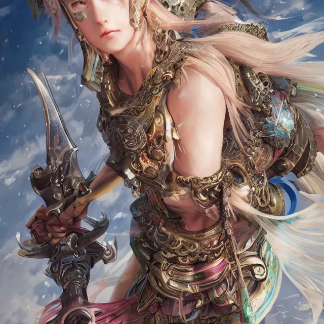 Image similar to studio portrait of lawful good colorful female holy shield paladin as absurdly beautiful, elegant, young sensual anime girl, ultrafine hyperrealistic detailed face illustration by kim jung gi, irakli nadar, intricate linework, sharp focus, bright colors, matte, octopath traveler, final fantasy, unreal engine highly rendered, global illumination, radiant light, intricate environment