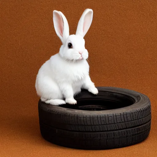 Image similar to a cute bunny sitting on a tire, studio photo, high quality