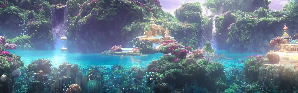 Image similar to a ultra realistic cg rendering of underwater wonderland, dream, magnificent palace, serene landscape, by yoshitaka amano ， unreal engine ， 4 k resolution,