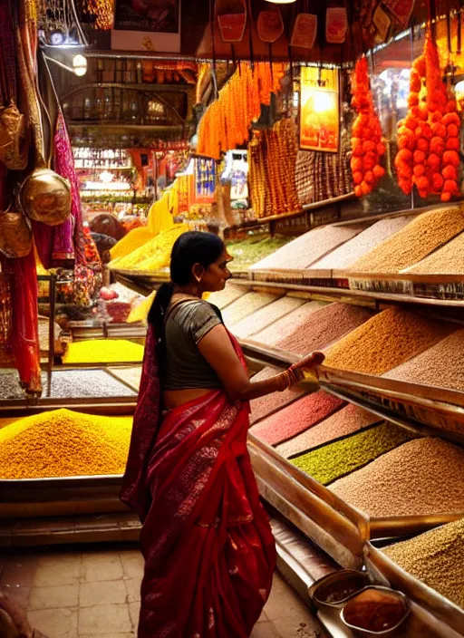 Prompt: an indian woman shopping at a spice market at night, wet, shiny, fantasy, intricate, elegant, hyper detailed, ultra definition, photoreal, artstation, unreal engine rendered, concept art, smooth, sharp focus, illustration, art by artgerm and greg rutkowski and alphonse mucha and garis edelweiss