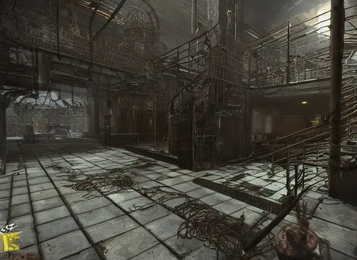 Image similar to wire, grate, iron, pipes, steam, plant, fans, stairs, rust horror darkness, destroyed, highs detailed, unreal engine