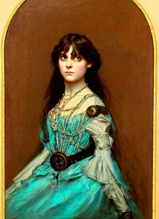 Image similar to ( ( gothic # ) ) princess portrait *. *. by william henry hunt * *, highly detailded, turquoise rust, steampunk