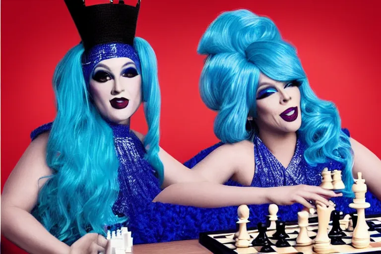 Image similar to blue hair drag queen playing chess, netflix show poster