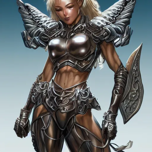 Image similar to Portrait angel warrior armour pants with graved runes , highly detailed, digital painting, artstation, concept art, smooth, sharp focus, illustration, art by Hajime Sorayama