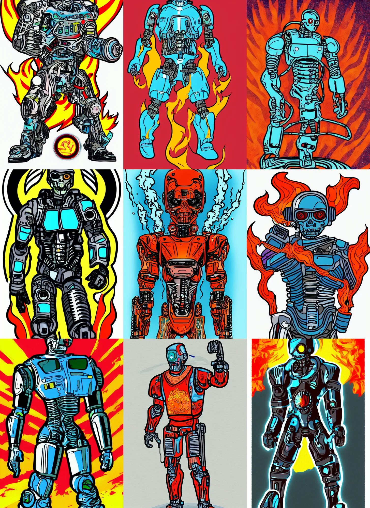 Prompt: full body concept flat color colored marker art retro sci - fi terminator with flames around it