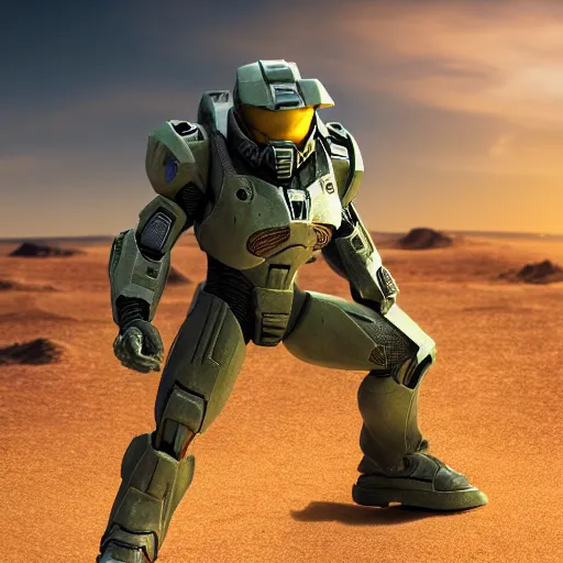 Image similar to ultra realistic 3 d render of master chief on a desert planet. epic image. action pose. explosions. sunrise. canon rf 2 4 - 7 0 mm f 2. 8 l is usm