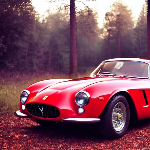 Prompt: ferrari 2 5 0 in the forest, night, headlights are on, professional photography, vaporwave