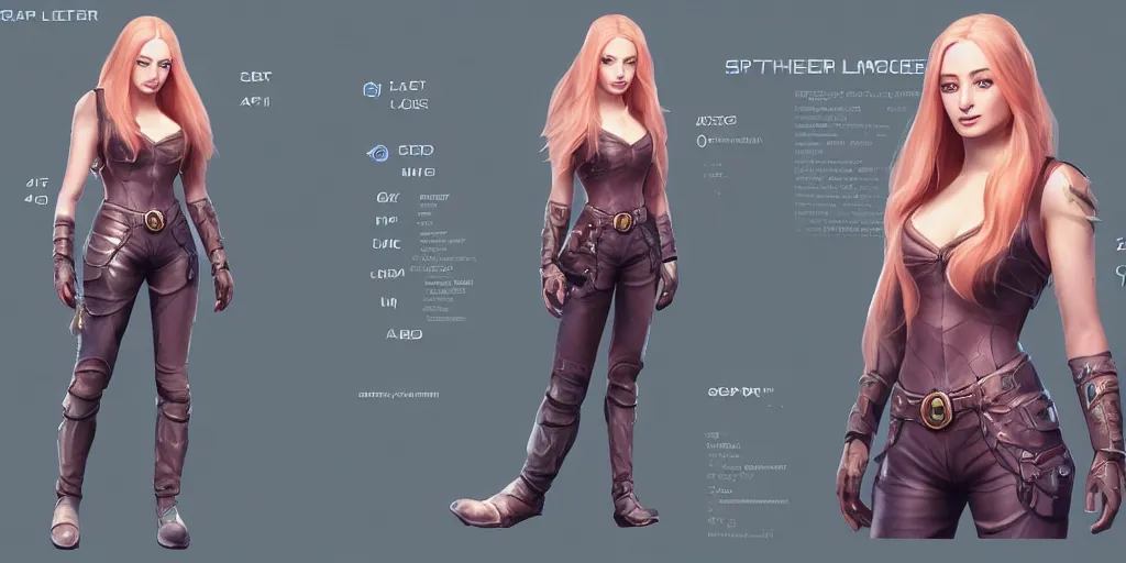 Image similar to character sheet of Sophie Turner as a character in the game League of Legends, with a background based on the game League of Legends, 3d render, octane render, iRay, ray tracing, realistic, highly detailed, trending on artstation, 4k, cgsociety, unreal engine 5, redshift render, blender cycles, behance, cg